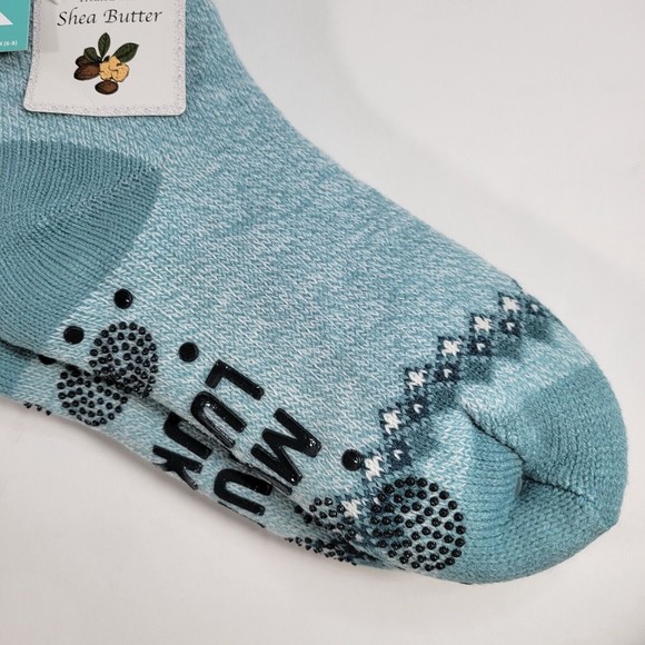 Muk Luks Teal Blue Shea Butter Faux Shearling Cabin Slipper Socks S/M 6-8 NEW - Picture 3 of 5